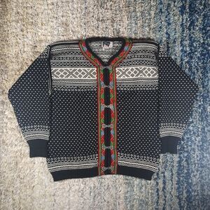Dale of Norway Black and White Cardigan with Red and Green Accents